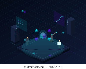 Dos personas interactúan en un espacio de reuniones digital lleno de gráficos, puntos de datos y análisis. El evento muestra Elementos de la tecnología y la comunicación virtual, con un fondo oscuro.