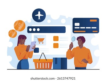 Two people interact with digital shopping elements, including a cart, credit card, and delivery icons, in a flat style on a white background. Concept of e-commerce. Vector illustration