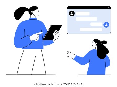 Two people interact with digital tools. One uses a tablet, while the other points to a chat window. Ideal for technology, communication, remote work, digital learning, online collaboration. Flat