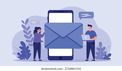 Two people interact with a large envelope icon superimposed on a smartphone, symbolizing digital mail and communication.