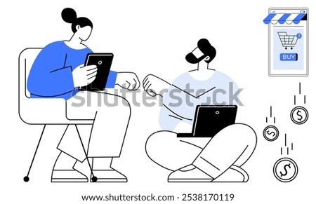 Two people interact, one on a chair with a tablet another on the floor with a laptop and online store and floating coins. Ideal for e-commerce, online shopping, digital transactions, team