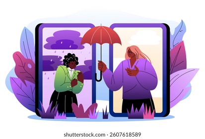 Two people interact through digital screens, one offering an umbrella to comfort the other in distress. Flat style on white background. Concept of virtual support. Vector illustration