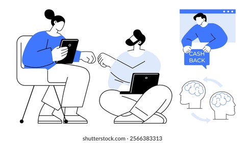 Two people interacting with digital devices, exchanging ideas. A small window shows a person emphasizing cashback. Ideal for teamwork, digital communication, e-commerce, productivity, technology