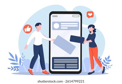Two people interacting with a giant smartphone interface, flat style, on a white background with abstract leaves, concept of digital collaboration. Vector illustration