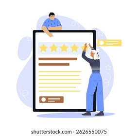 Two people interacting with a large screen showing five-star rating, stylized flat graphic on white background, concept of customer feedback. Vector illustration