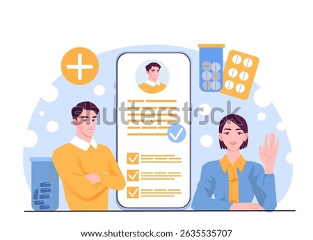 Two people interacting with a large smartphone screen displaying a digital medical profile, surrounded by medicine elements, on abstract blue background. Vector illustration