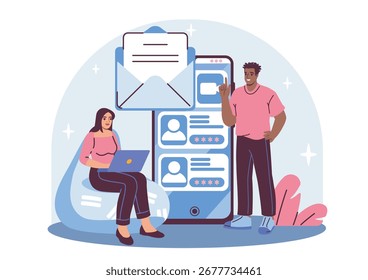 Zwei Personen, die mit einer Messaging-App auf einem riesigen Smartphone-Bildschirm interagieren, flacher Stil, heller abstrakter Hintergrund, Konzept der digitalen Kommunikation. Vektorgrafik