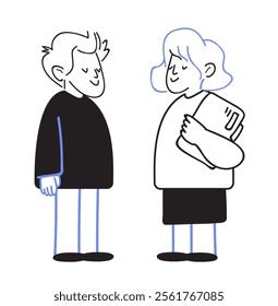 Two people interacting minimalist style. A man and woman smiling at each other with the woman holding a folder. Black and blue thin line sketch