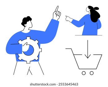 Two people interacting, one with a gear and other next to an arrow pointing towards a shopping cart. Ideal for online shopping, teamwork, coordination, e-commerce, and technical support. Simple line