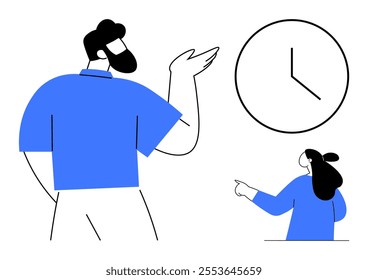 Two people interacting, with one pointing at the clock. Ideal for time management communication teamwork deadlines scheduling corporate discussions productivity meeting reminders efficiency