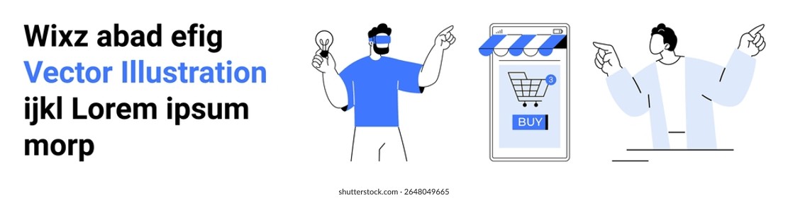 Duas pessoas interagindo com elementos de compras online, incluindo uma loja móvel e um botão Comprar. Ideal para plataformas de comércio eletrônico, varejo online, marketing digital, experiência do usuário, aplicativos móveis