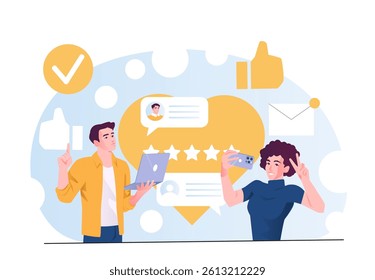Two people interacting with technology, using laptop, taking selfie, surrounded by icons like thumbs up, chat bubbles, stars. Concept of social media engagement and user feedback. Vector illustration