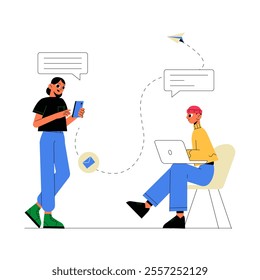 Two People Interacting Through Messages And Devices In Flat Vector Illustration Symbolizing Digital Communication And Connection, Isolated On White Background