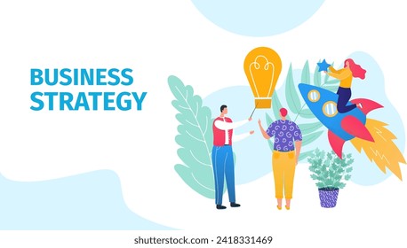 Two people are involved in a creative business strategy discussion. Man holding idea lightbulb, woman riding rocket, abstract concept. Innovative and strategic thinking vector illustration.