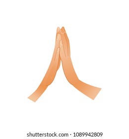 Two people joining hands palms together - human wrists with giving each other high five isolated on white background. Cartoon vector illustration of connection gesture.