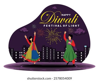 Two people joyfully dance while fireworks light up the cityscape, embodying the festive spirit of Diwali, the festival of lights. Flat vector modern illustration