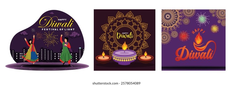 Two people joyfully dance while fireworks light up the cityscape. Bright designs featuring burning oil lamps. Colorful fireworks, intricate patterns and glowing diya lights. 