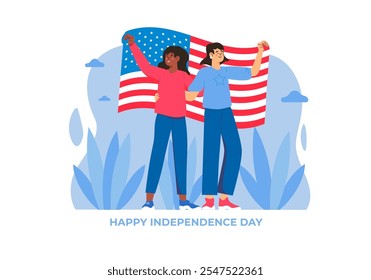 Two people joyfully holding an American flag in front of them with a blue background. Vector illustration