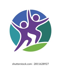 Two people jumping in circle with green leaf and blue background happy teamwork concept