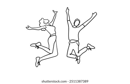 Two people jumping continuous line art drawing isolated on white background. Joy, victory, success. Vector illustration