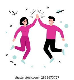 Two people jumping and high fiving with joyful expressions outdoors in celebration