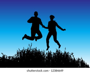 two people jumping on grass vector
