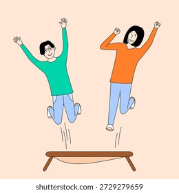 Two people are jumping on a trampoline. One of them is wearing a green shirt. The other person is wearing an orange shirt. They are both smiling and having fun