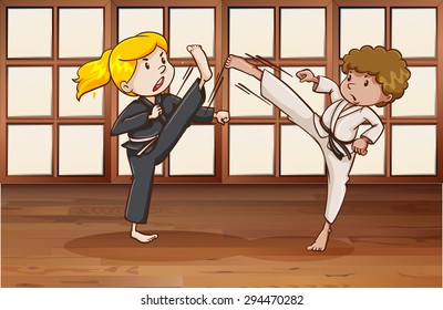 Two people kicking and practicing karate
