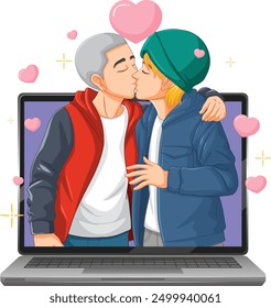 Two people kissing through a laptop screen