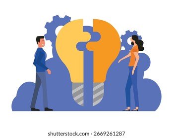 Dos personas con una Grande pieza del rompecabezas de la bombilla. Ideas de negocio, innovación, trabajo en equipo, resolución de problemas, soluciones creativas, lluvia de ideas, colaboración, estrategia.