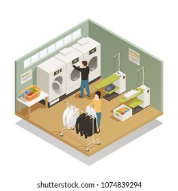 Two people in laundry room with modern equipment isometric composition on white background 3d vector illustration