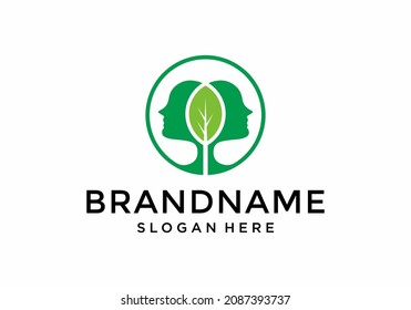 Two people with leaf, tree people logo, psychology vector, brain logo, health vector