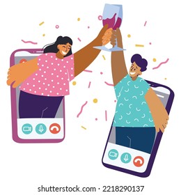 Two people leaned out of the screens of smartphones and clink glasses. The concept of relationships at a distance, self isolation, online communication