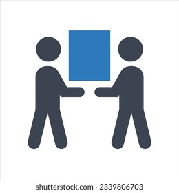 Dos personas levantando un icono de objeto pesado sobre fondo blanco