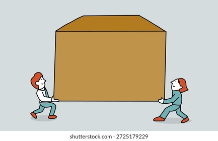 Dos Personas que levantan una caja Grande como concepto de movimiento, impuestos y sistemas sociales