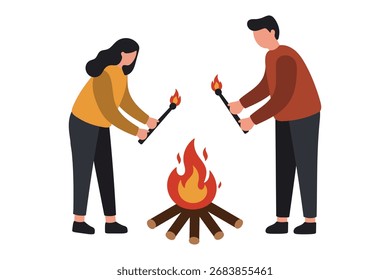 Duas pessoas acendendo fogueira com correspondências ilustração