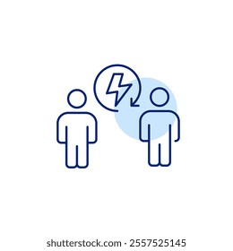 Two people with lightning in renew arrow. Energy conservation, green future sustainable behavior. Pixel perfect, editable stroke icon