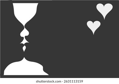 Two people lips touching, kissing. Abstract illustration vector drawing of the faces of two people, viewed from the side, touching lips and two hearts.