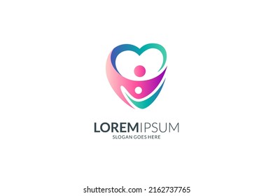 Two people logo in heart shape, flat and simple design style with gradient color, great for harmonious family logo template, health clinic, caring, marriage and social relations