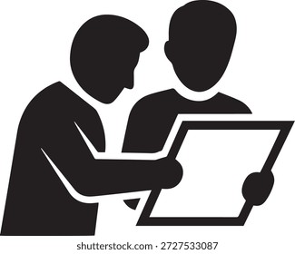 Dos personas mirando un documento, papel o tableta. Colegas de negocios discutiendo un informe, Plan o plan. Revisión y análisis del concepto. Icono de silueta de Vector.