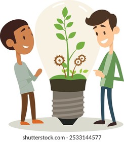 Two people are looking at a lightbulb. Inside the lightbulb is a plant with gears. The concept of the image is about new ideas and innovation, environment and innovation, eco-conscious future.