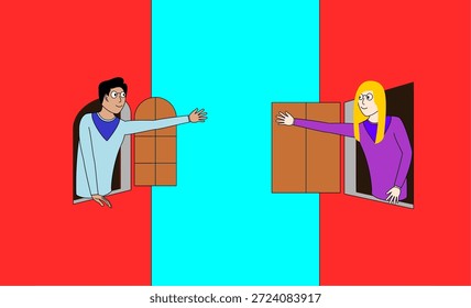 Two people are looking out of a window, one of them is waving. Scene is lighthearted and friendly