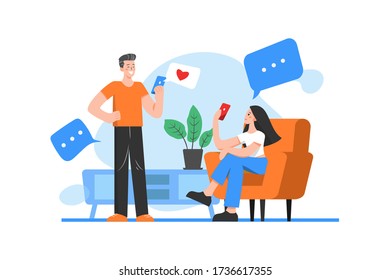 Two people are looking at the phone, texting and talking on social networks
