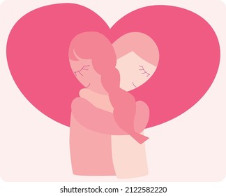 Two people in love embracing in front of a huge heart with monochrome pink color palette