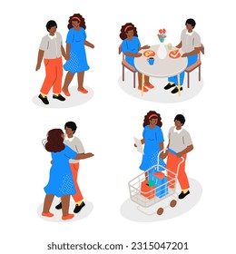 Dos personas enamoradas - conjunto de ilustraciones de diseño plano. Imágenes coloridas de alta calidad de una pareja feliz yendo a una cita. Bailar juntos, caminar con tu amante, desayunar en familia, ir de compras con un carrito