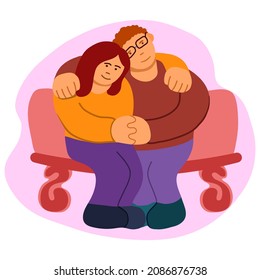 Two people in love sitting on a bench, embracing, holding hands and thinking about eternal things. An illustration of love, friendship, marriage, and Valentine's Day. Vector graphics