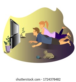 two people are lying on the floor on the carpet in the house. a girl and a guy . family spends time together. vector illustration. the cat is playing