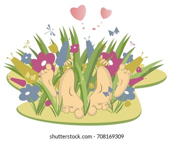 Two people make love lying on the grass isolated. Heels of two people who make love appear from the grass and flowers
