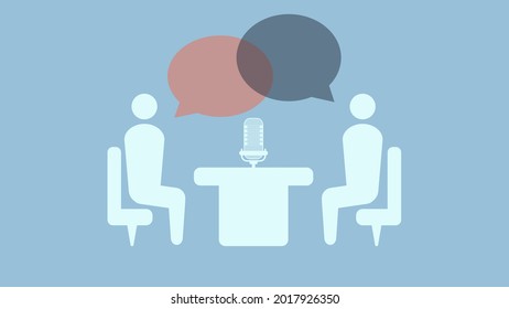Two people making an interview, sitting around table. Job interview, media interview, reportage, press conference, podcasting, radio broadcasting concepts. Blue background.