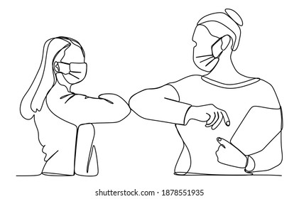 Two people male and female elbow bumping to prevent virus infection. Continuous one line drawing